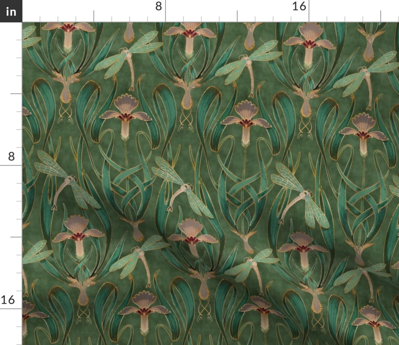 Art Nouveau Deco Emerald Green Nature Floral Lillies 1920S Custom Printed Fabric by Spoonflower Various Fabrics by the Yard or Fat Quarter